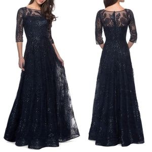NWT La Femme 27942 A Line Lace Sequin 3/4 Sleeve Gown in Navy Sz. 8